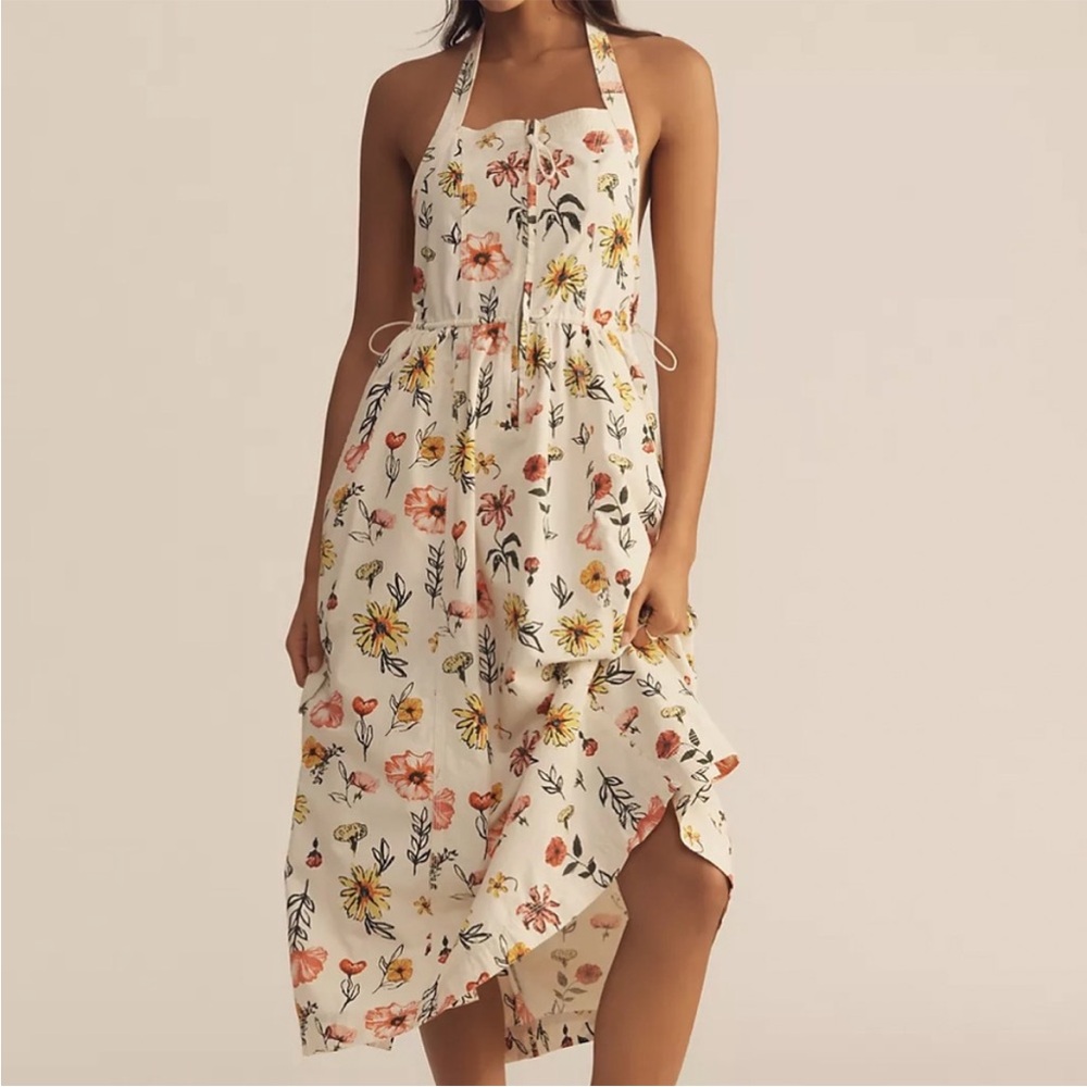 Anthropologie Cream Halter Midi Dress with Yellow & Coral Floral Print
